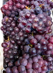 Fresh purple grapes displayed at a local market in the afternoon sunlight, showcasing their vibrant color and freshness to attract buyers