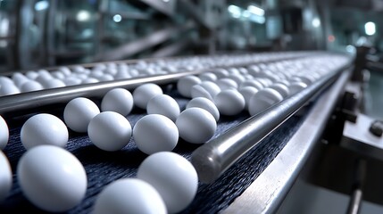 Obraz premium On a sterile pharmaceutical production line, identical white pills move along a stainless-steel conveyor belt. 