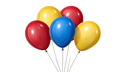 A bunch of red yellow and blue balloons tied together on a white background