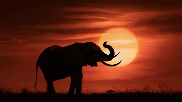 Silhouette of an African Elephant: A majestic elephant silhouetted against a vibrant sunset. The orange sky frames this iconic creature. 