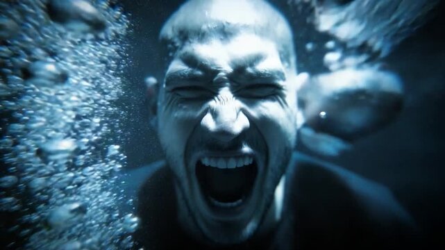 Desperate Under Water: A man submerged underwater gasping for air, struggling and distressed, creating a moment of intense emotion, desperation, and vulnerability.