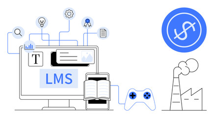 Computer screen with LMS, icons for tools, content, gamification, mobile learning, connected to industrial and financial concepts. Ideal for e-learning, education, training innovation efficiency