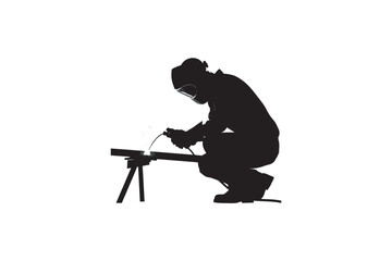 Fototapeta premium Silhouette of a welder in protective gear working on a metal project with sparks flying showcasing skilled craftsmanship and industrial labor