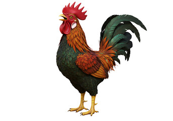 Fototapeta premium Detailed digital illustration of a colorful rooster crowing, with vibrant red comb and green tail feathers, isolated on a white background.