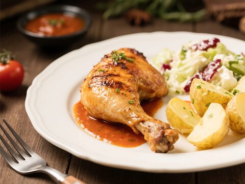Grilled Quarter Leg Chicken with Sauce Choron & Potato Salad