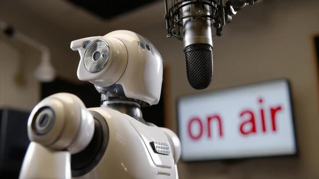 Close up of a robot in a podcast studio with a microphone