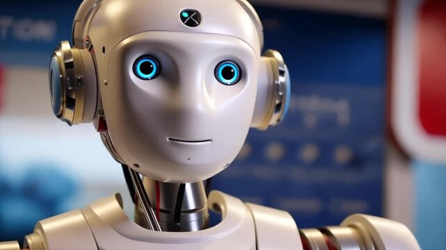 Close up of a robot in a podcast studio with a microphone