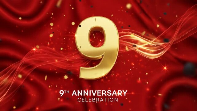 Golden number nine ninth anniversary celebration design on red fabric background with confetti and glowing particles