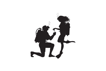 Silhouette of a male scuba diver proposing marriage to a female diver underwater with a ring symbolizing love and commitment in an aquatic adventure
