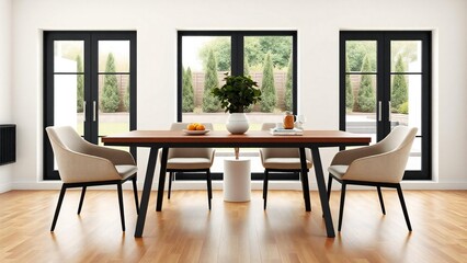 Obraz premium Modern dining room with wooden table and upholstered chairs and large windows