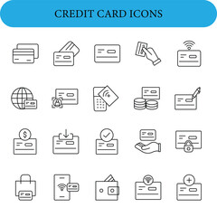 Credit card icon set. A collection of linear icons representing credit card concepts, including payment, wallet, security, contactless payment, transaction.