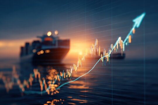 Global Trade Growth: Glowing Financial Chart Rises Over Cargo Ship at Sunset.