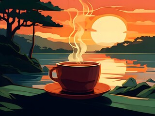 Steaming coffee cup on rustic wooden table with sunset over lake in background. Scenic evening landscape