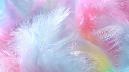 Soft feathers in shades of pink, blue, and white blend together, creating a fluffy and whimsical backdrop perfect for artistic projects and crafts. The gentle colors evoke a serene atmosphere.