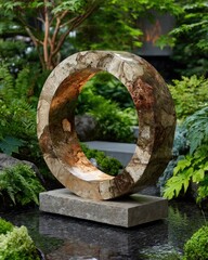 Large, light-brown wooden ring sculpture, outdoors, on a stone base, surrounded by lush greenery