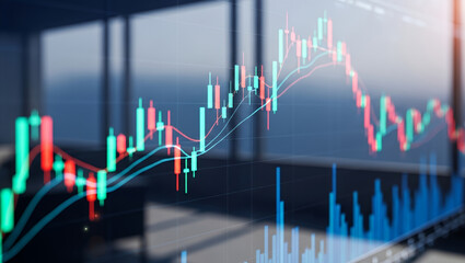 Candlestick chart shows stock market data with blurred background.