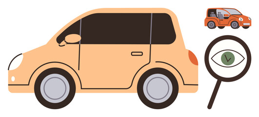 Orange car side view, magnifying glass with an eye icon indicating inspection. Ideal for safety, transportation, car care, maintenance, quality check, driving eco-awareness. Simple flat metaphor