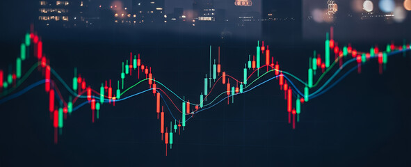 A financial chart with red and green lines against a dark background.