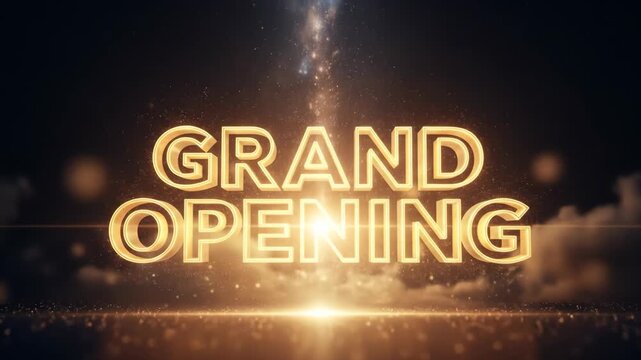 Grand opening announcement video with golden 3 d text and light effects for business promotion