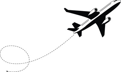 Black silhouette of an airplane flying on a white background