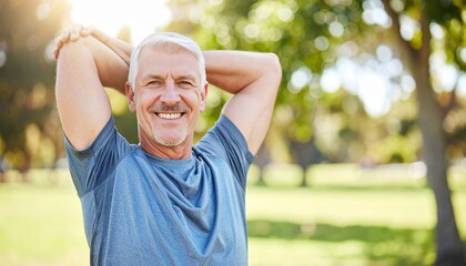 Portrait of cheerful European senior man in sportswear stretching arms in sunny park, preparing for workout. Active lifestyle, outdoor fitness, healthy aging, energy, and joy
