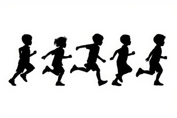 Fototapeta premium Group of children running in silhouette isolated on white background