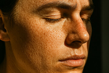 Obraz premium Serene Contemplation: A man closes his eyes, his face illuminated by soft light, suggesting introspection and tranquility.