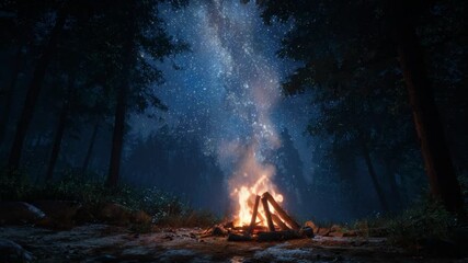 Campfire Under the Stars: A campfire crackles merrily under a vast, star-studded night sky in a dark and mysterious forest. The scene evokes a sense of warmth, solitude. - Powered by Adobe