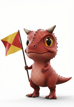 Adorable baby Stygimoloch dinosaur holding a red and yellow flag, 3D cartoon character with big eyes and small horns, cute prehistoric reptile mascot on white background