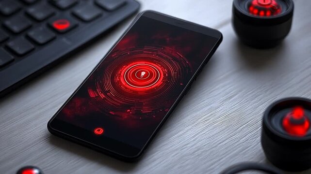 Smartphone displays red tech interface with keyboard and lens for futuristic technology digital marketing innovation app presentation HighTech aesthetic modern concept.