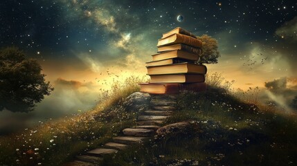 Fantasy landscape with a stack of books on a hill.