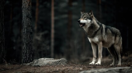 Fototapeta premium Gray wolf in a dark forest