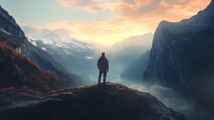Man standing on a mountaintop, looking out at the misty valley below