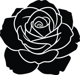 A detailed black and white illustration of a rose with intricate petal details.
