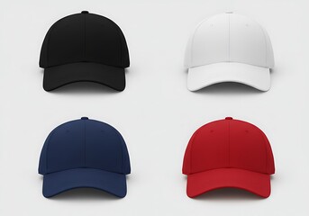 Blank baseball cap mockup set featuring four different colors. Isolated front view of black, white, navy, and red hats for apparel design.