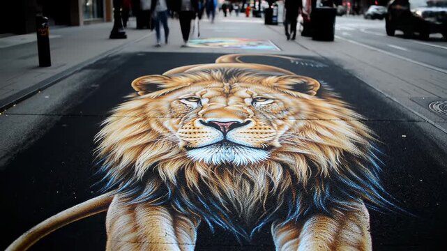 Detailed street mural of a lion urban setting creative design commercial and editorial use