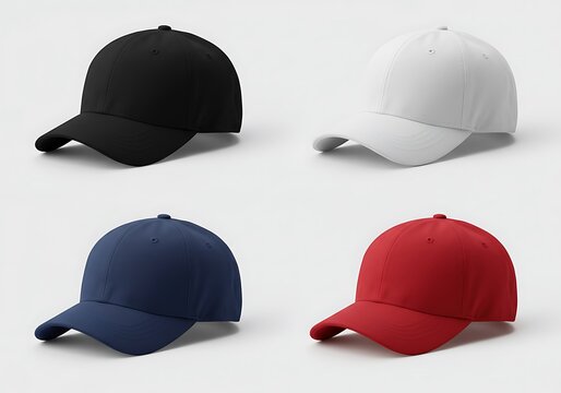 Versatile four-color baseball cap mockup set. Includes black, white, blue, and red caps on a plain studio background for apparel design.
