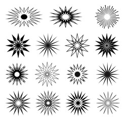 Set of 16 Black and White Geometric Sunburst Icons &ndash; Radial Line Art Elements for Decorative Design