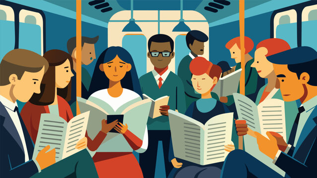 A crowded subway train where commuters read sensational headlines over the shoulders of their fellow passengers and ingest tidbits of Sensationalist.