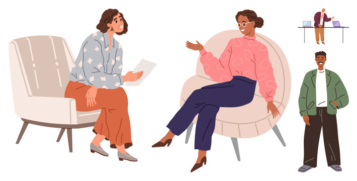 Two women in armchairs engaging in discussion, with two standing men in the background. Ideal for teamwork, inclusivity, cooperation, interpersonal communication, consulting, mentorship, dialogue