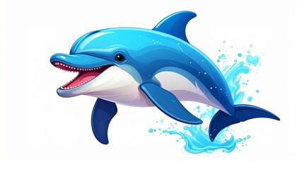 Naklejka premium Playful blue dolphin character leaping from a water splash, a cheerful aquatic animal illustration.