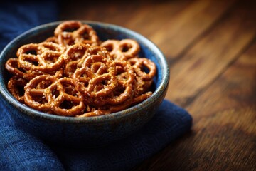 Golden Salted Pretzels in a Rustic Blue Bowl, Bathed in Soft, Warm Light