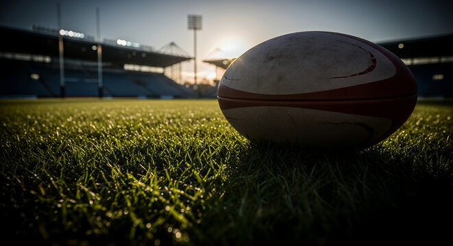 Rugby ball awaits kickoff in a sun-drenched stadium, ready for the World Cup Final.