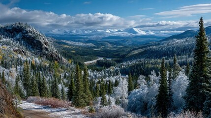 Fototapeta premium Boreal forests with evergreen trees and snowy landscapes ideal for northern climate, ecology, and natural wilderness stock imagery