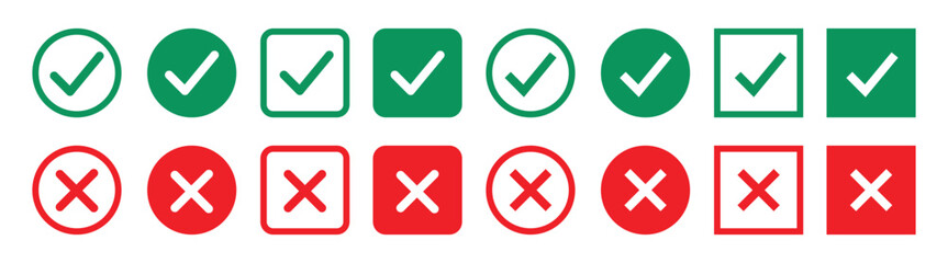 Set of green and red checkboxes featuring yes and no labels with modern checkmark and cross icons on a transparent background.