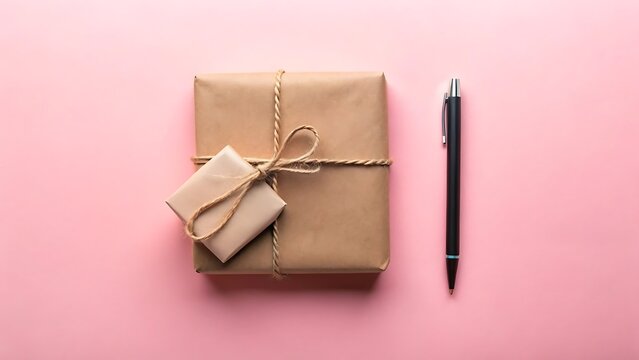 Gift box wrapped in brown paper with string and pen on pink background