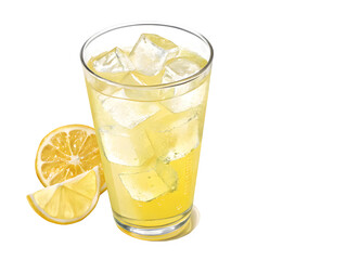 Refreshing iced lemonade with lemon slices and ice in a tall glass