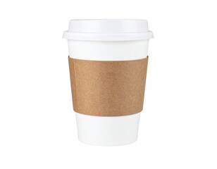 Minimalist Takeaway Coffee Cup with Sleeve and Lid, Soft Shadow, Transparent PNG