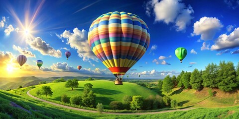 Obraz premium Vibrant hot air balloons ascend into a clear blue sky over a picturesque green landscape at sunrise
