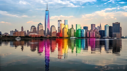 Fototapeta premium New york city skyline view from water reflecting colorful buildings and skyscrapers in the city